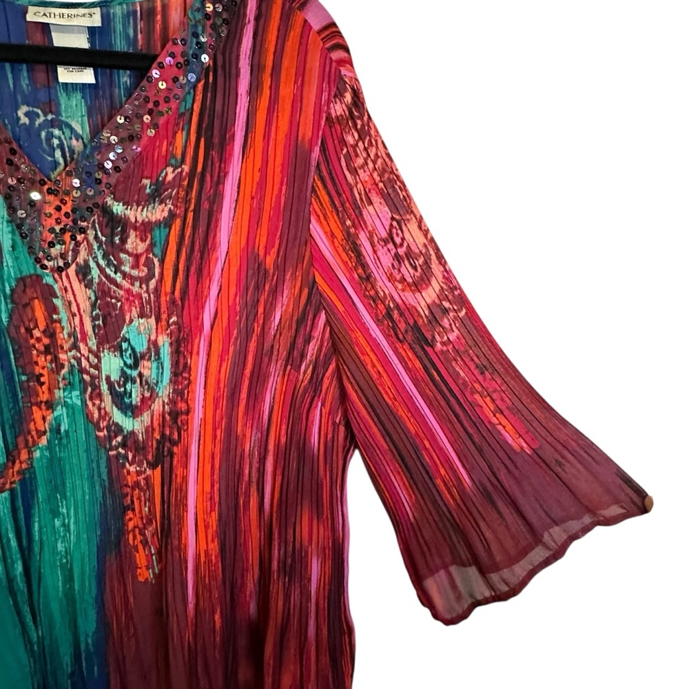 Catherines Graphic Tunic in Green and Red with Funky Retro‎ Hippie Sequins 1XP - Picture 5 of 10